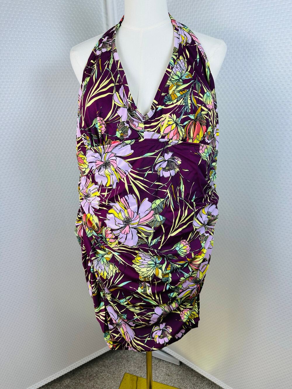 Swimsuits For All Halter One Piece Plus 20 Plum Pink Floral Padded Lined New